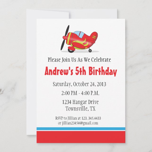 Invitación de cumpleaños con avión (Anverso)