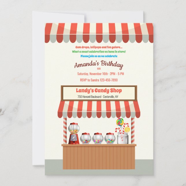 Invitación de cumpleaños con barra de dulces (Anverso)