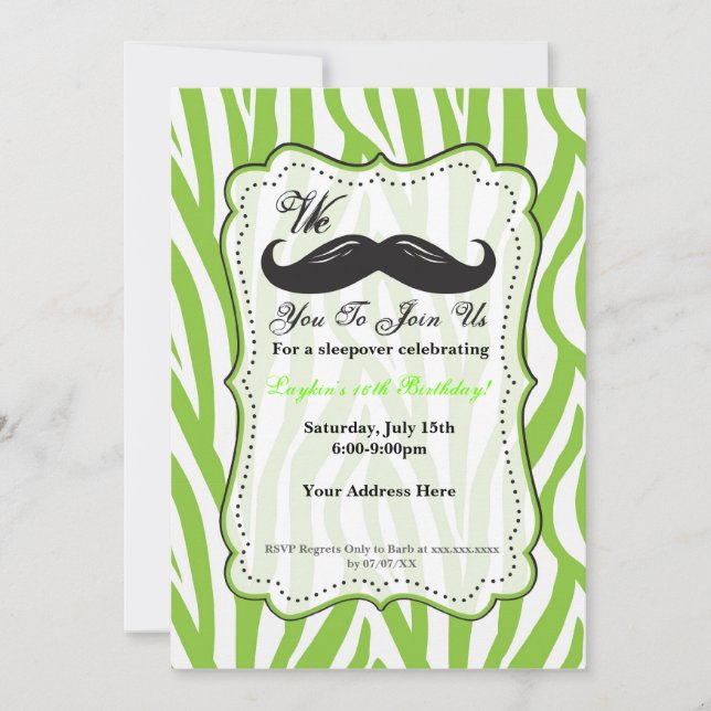 Invitación de Cumpleaños con Bigote de Cebra Verde (Anverso)