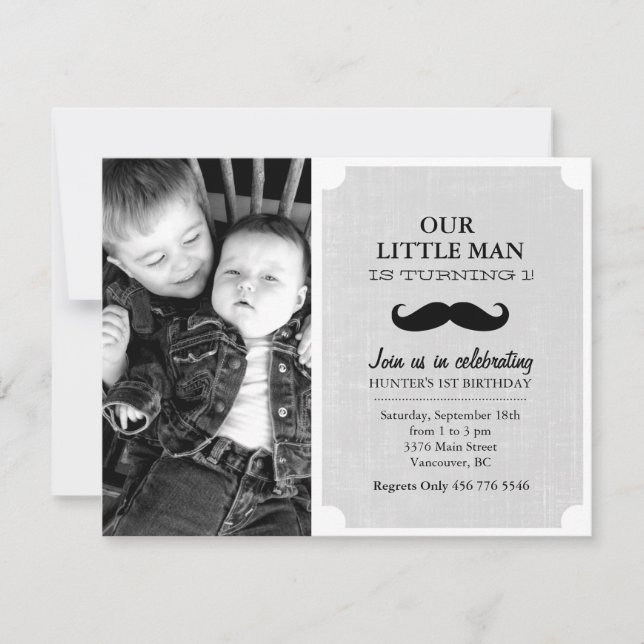 Invitación de cumpleaños con bigote gris y negro p (Anverso)