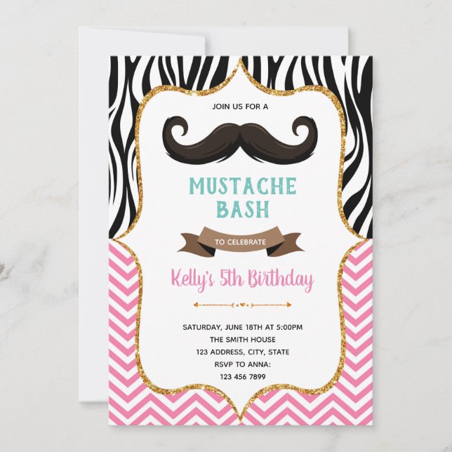 invitación de cumpleaños con bigote rosa (Anverso)