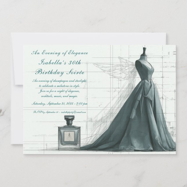 Invitación de cumpleaños con boceto de moda elegan (Anverso)