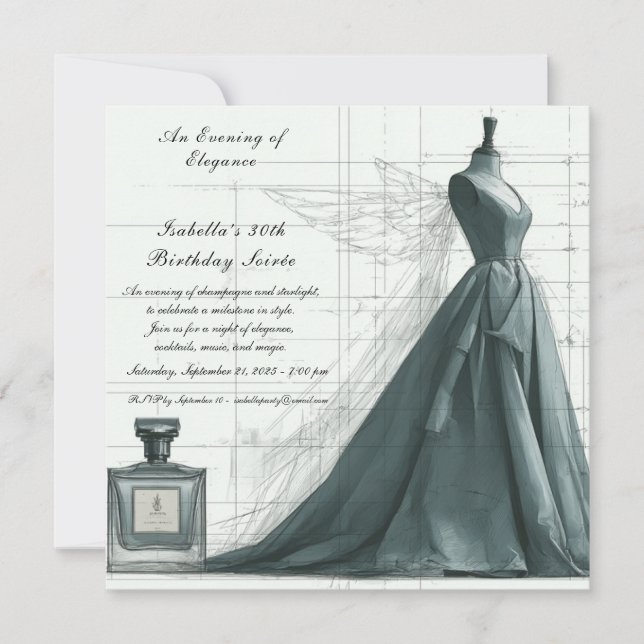 Invitación de cumpleaños con boceto de moda elegan (Anverso)