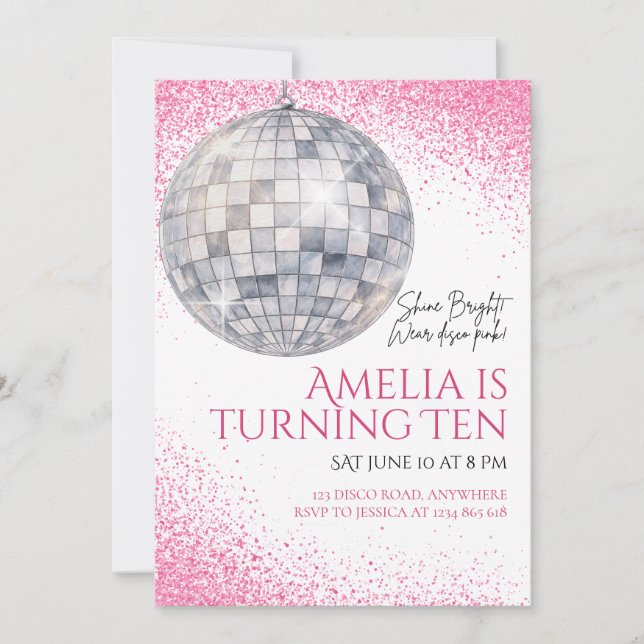 Invitación de cumpleaños con bola de discoteca ros (Anverso)