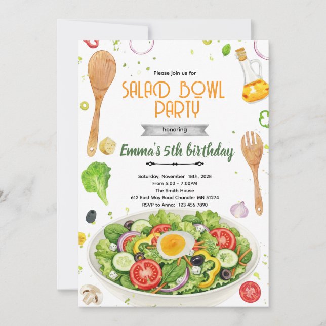 invitación de cumpleaños con boles de ensalada (Anverso)
