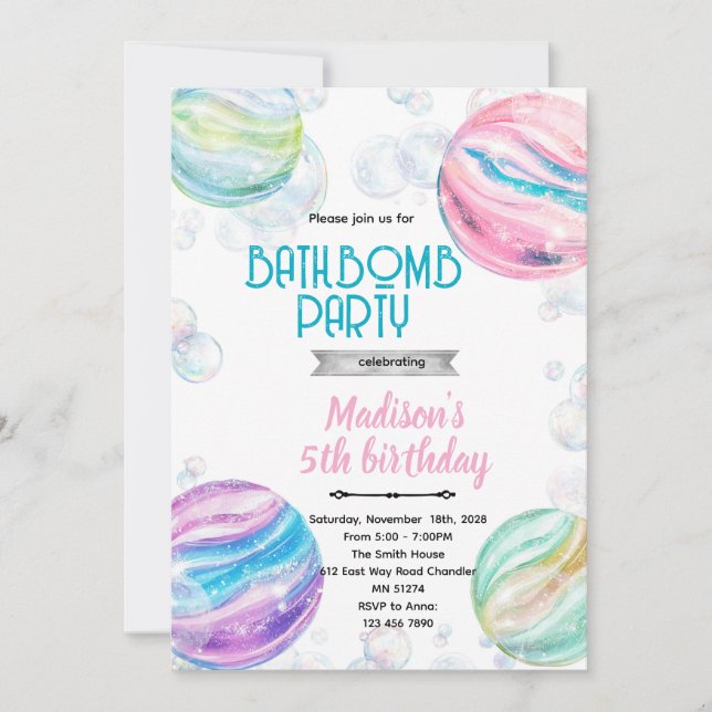 invitación de cumpleaños con bomba de baño (Anverso)
