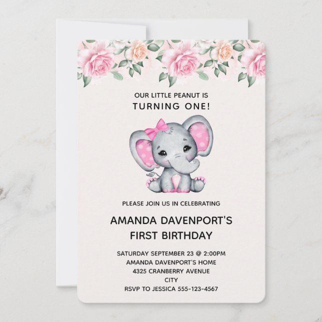 Invitación de cumpleaños con borde de elefante ros (Anverso)