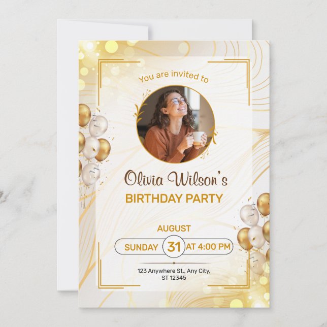 Invitación de cumpleaños con borde dorado (Anverso)