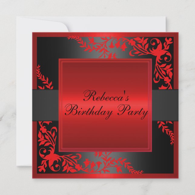 Invitación de cumpleaños con borde floral rojo (Anverso)