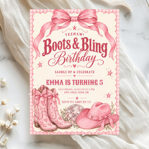 Invitación de cumpleaños con botas rosadas y brill