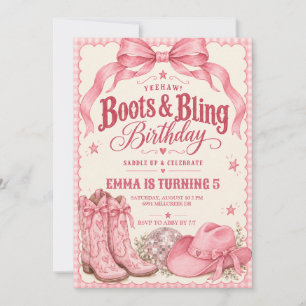 Invitación de cumpleaños con botas rosadas y brill