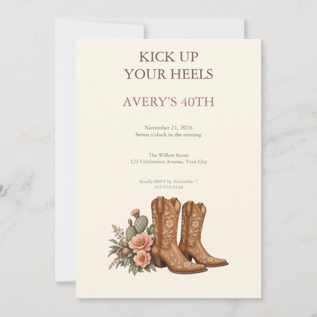 Invitación de cumpleaños con botas western (Anverso)