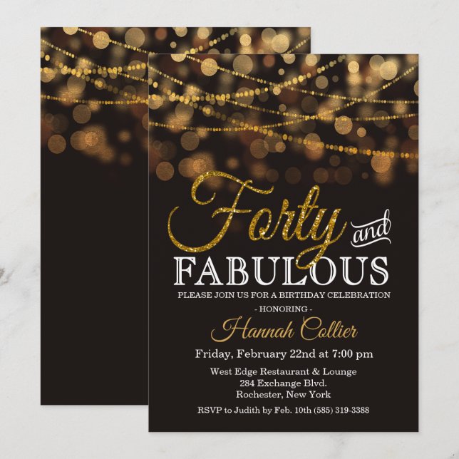 Invitación de cumpleaños con brillo cuarenta y fab (Anverso / Reverso)