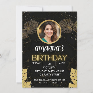 Invitación de cumpleaños con brillo de oro negro
