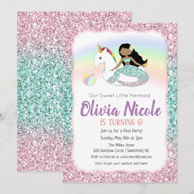 Invitación de cumpleaños con brillo de sirena para (Anverso / Reverso)