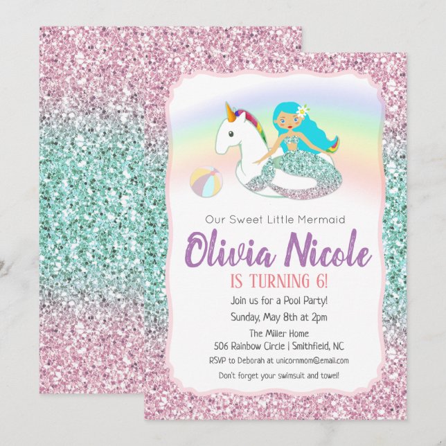 Invitación de cumpleaños con brillo de sirena para (Anverso / Reverso)