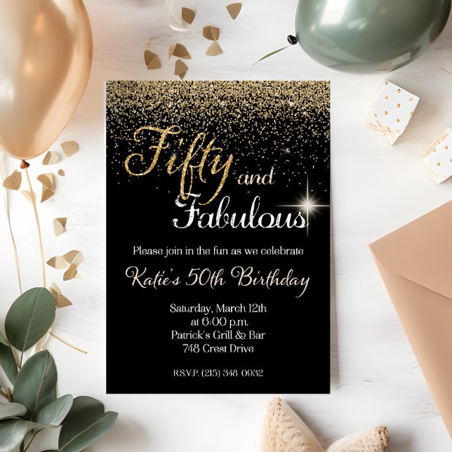 Invitación de cumpleaños con brillo dorado Fifty & (Subido por el creador)