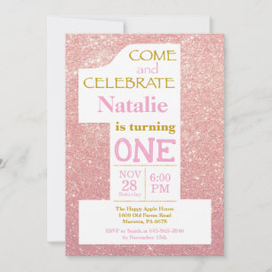 Invitación de cumpleaños con brillo dorado rosa y 