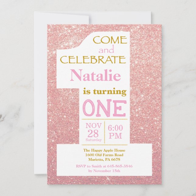 Invitación de cumpleaños con brillo dorado rosa y  (Anverso)
