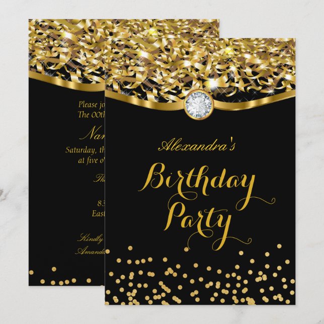Invitación de cumpleaños con brillo dorado y negro (Anverso / Reverso)