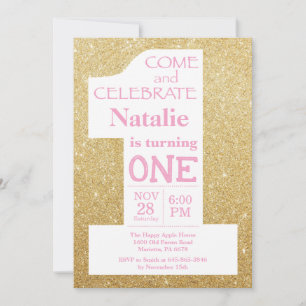 Invitación de cumpleaños con brillo dorado y rosa
