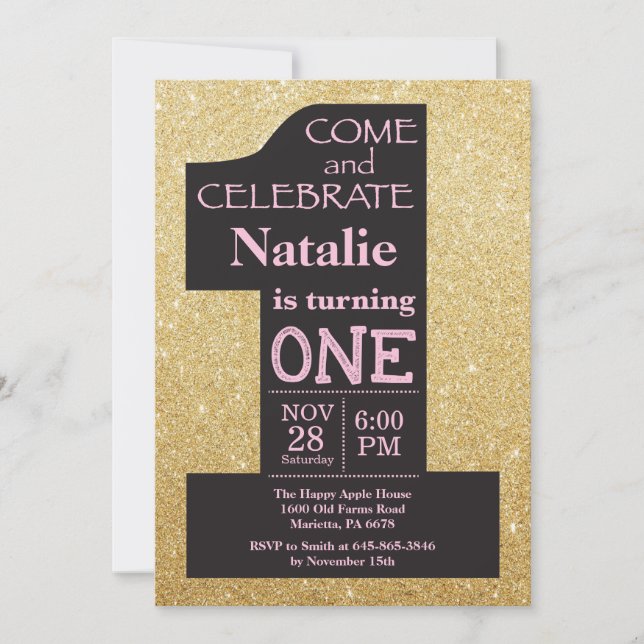 Invitación de cumpleaños con brillo dorado y rosa (Anverso)