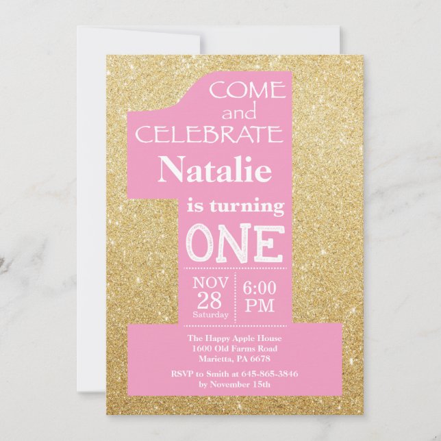 Invitación de cumpleaños con brillo dorado y rosa (Anverso)