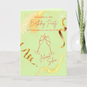 Invitación de cumpleaños con brillo dorado y verde