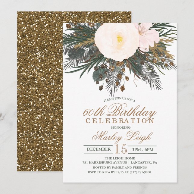 Invitación de cumpleaños con brillo floral de invi (Anverso / Reverso)