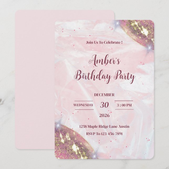 Invitación de cumpleaños con brillo minimalista (Anverso / Reverso)
