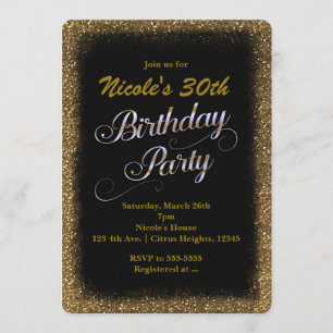Invitación de cumpleaños con brillo negro y dorado