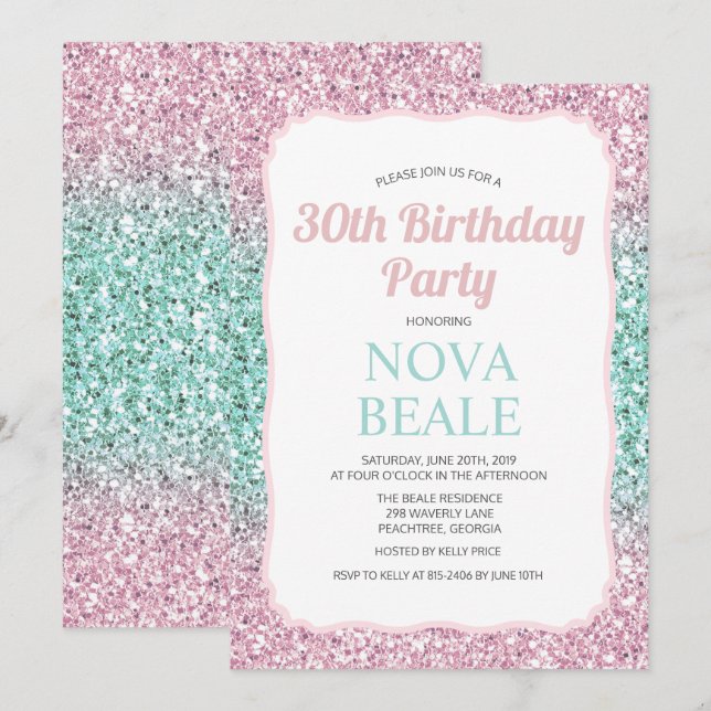 Invitación de cumpleaños con brillo Ombre para cua (Anverso / Reverso)
