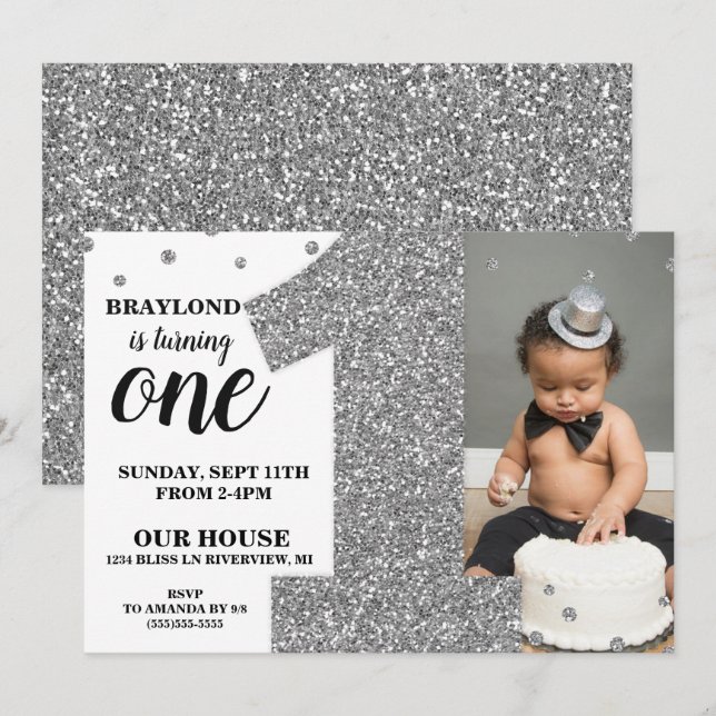 Invitación de cumpleaños con brillo plateado falso (Anverso / Reverso)