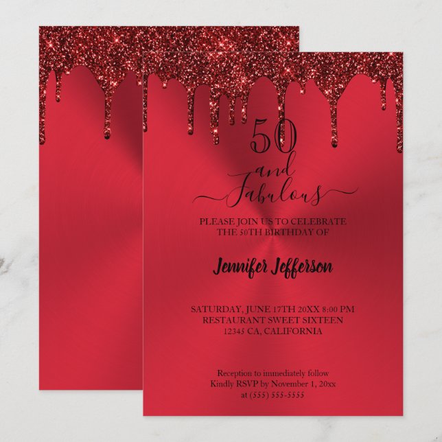 Invitación de cumpleaños con brillo rojo metálico (Anverso / Reverso)