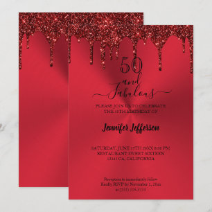Invitación de cumpleaños con brillo rojo metálico