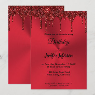 Invitación de cumpleaños con brillo rojo metálico