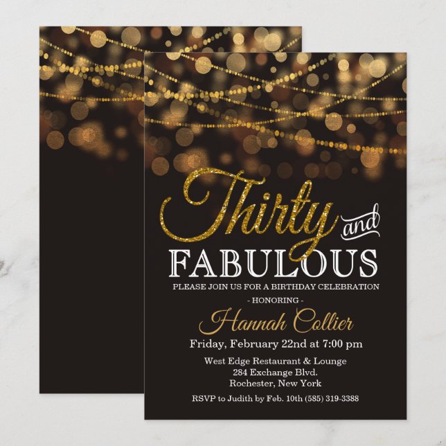 Invitación de cumpleaños con brillo Treinta y Fabu (Anverso / Reverso)