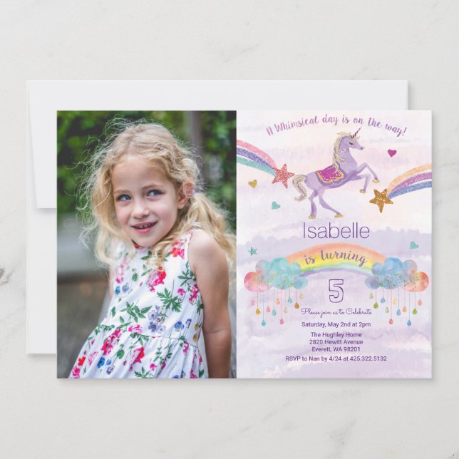 INVITACIÓN DE CUMPLEAÑOS CON BRILLOS DE UNICORNIO  (Anverso)