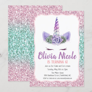 INVITACIÓN DE CUMPLEAÑOS CON BRILLOS DE UNICORNIO 