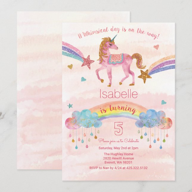 INVITACIÓN DE CUMPLEAÑOS CON BRILLOS DE UNICORNIO  (Anverso / Reverso)