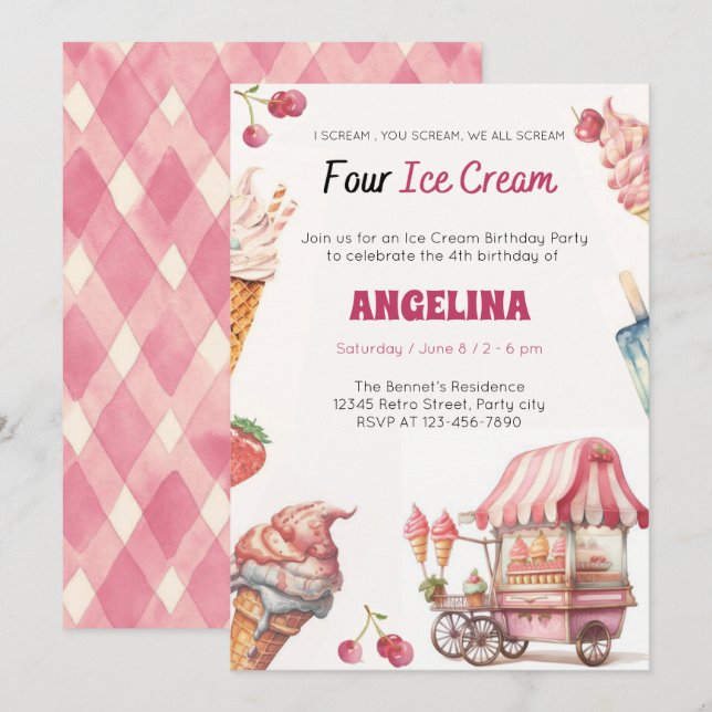 Invitación de Cumpleaños con Camión de Helados (Anverso / Reverso)