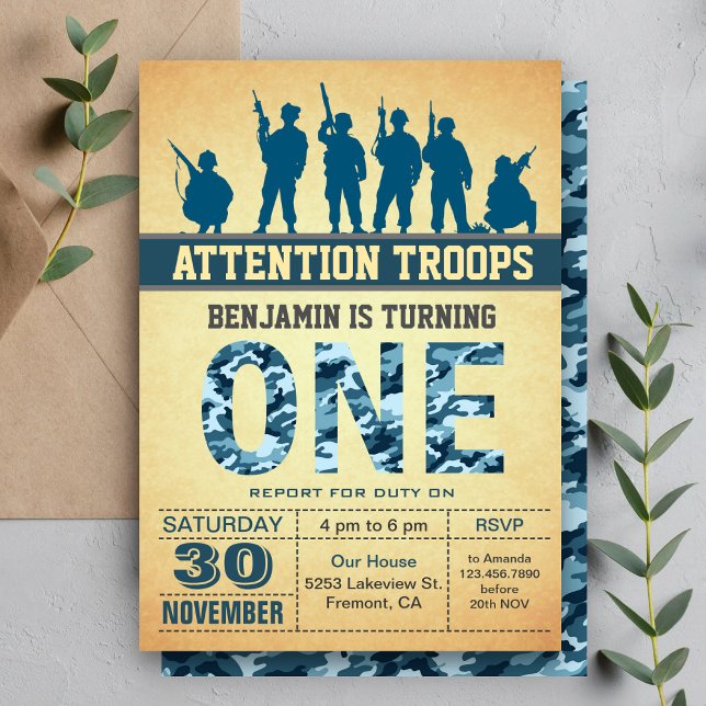 Invitación de cumpleaños con camuflaje azul (Subido por el creador)