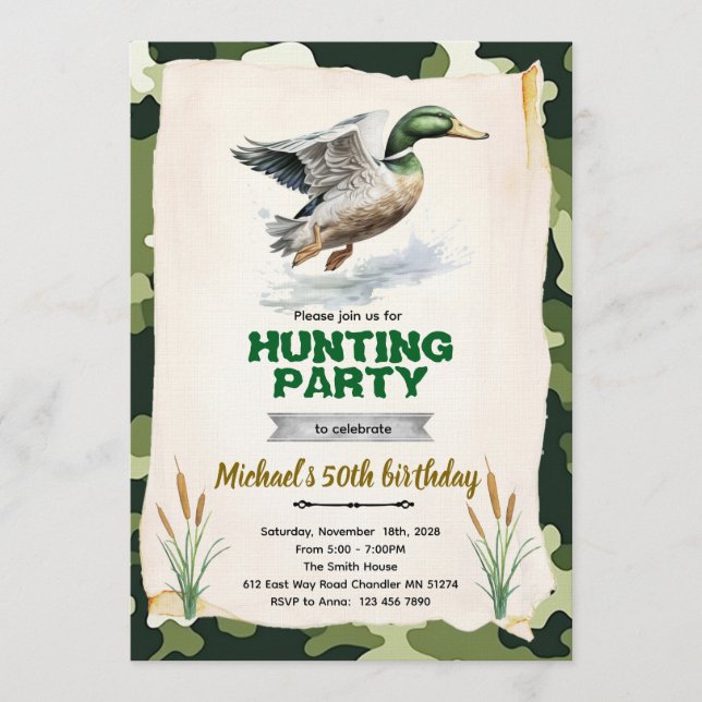 Invitación de cumpleaños con camuflaje de pato sil (Anverso)