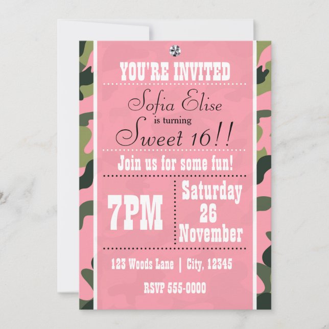 Invitación de cumpleaños con camuflaje y rosa (Anverso)