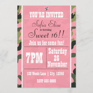 Invitación de cumpleaños con camuflaje y rosa