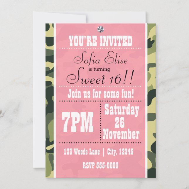 Invitación de cumpleaños con camuflaje y rosa (Anverso)