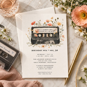 Invitación de cumpleaños con cassette floral acuar