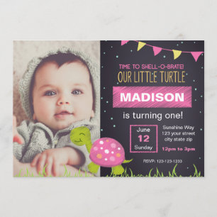 Invitación de cumpleaños con Chalk de tortuga rosa