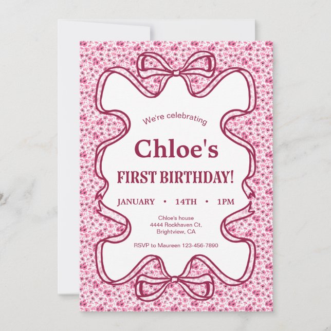 Invitación de cumpleaños con cinta rosa fucsia sil (Anverso)