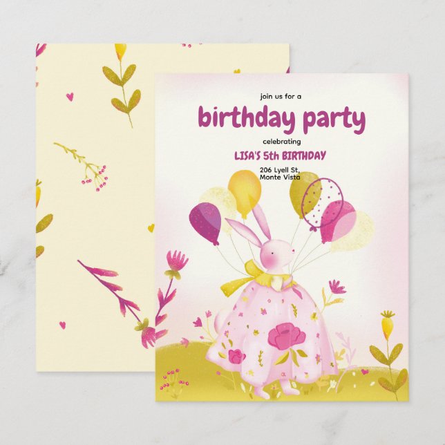 Invitación de cumpleaños con conejo (Anverso / Reverso)